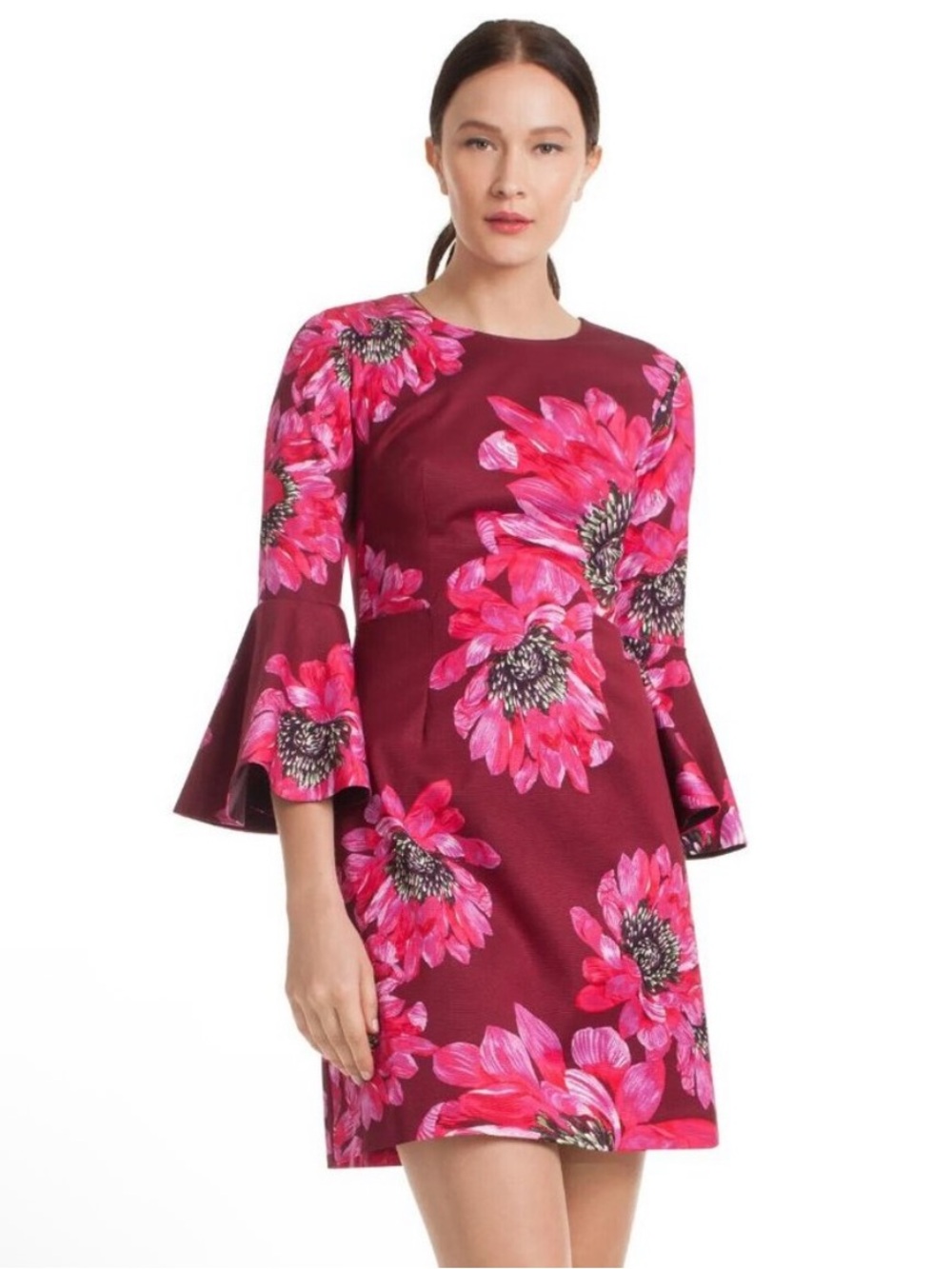 TRINA TURK Women’s Size 8 Burgundy Floral Splendid Fit & Flare Bell Sleeve Dress